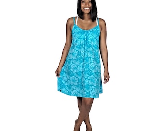 Bali Dress Short, Blue and Teal Hibiscus, Tropical Maxi Dress, Adjustable Strap Dress, Beach Resort Dress,  Vacation Dress, One Size