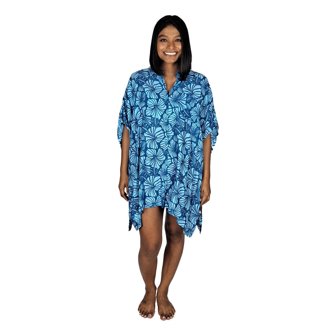 Boca Raton Cover up Shirt, Blue Hibiscus, Lightweight Button Front ...