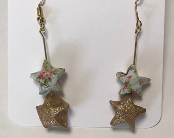 Gold and floral origami star earrings