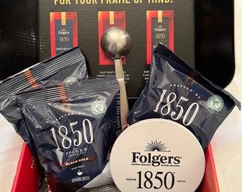 Folgers 1850 Black Gold Coffee Samples with Stainless Steel Scoop and Coffee Coaster