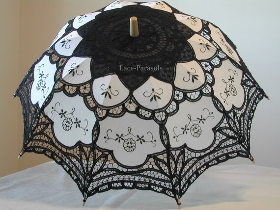 Black and White Battenburg Lace Parasol