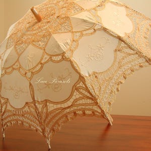 Gold and Ecru Battenburg Lace Parasol | Southern Belle Cotton Wedding Parasol