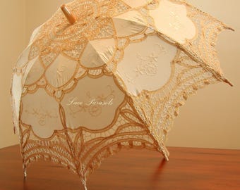 Gold and Ecru Battenburg Lace Parasol | Southern Belle Cotton Wedding Parasol