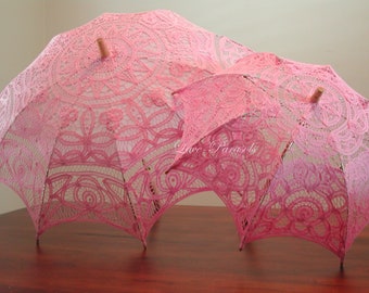 One set of TWO PINK Lace Parasols Vintage Wedding