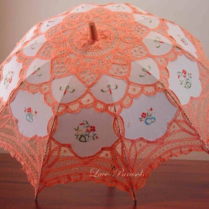 HOOKED HANDLE Salmon (light orange) Battenburg Lace Parasol | White Fabric | Floral Embroidery| Wedding