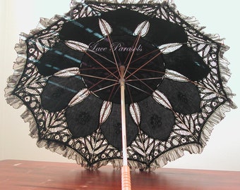 Black Lace Parasol w/Organza Lace | Floral Embroidery