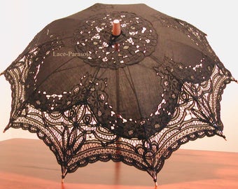 Black Linen Parasol, fina quality handcrafted, unique intricate embroidery