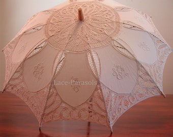 Vintage Ecru (tan) Embroidered Parasol w/Battenburg Lace Wedding Parasol Garden Tea Party Parasol