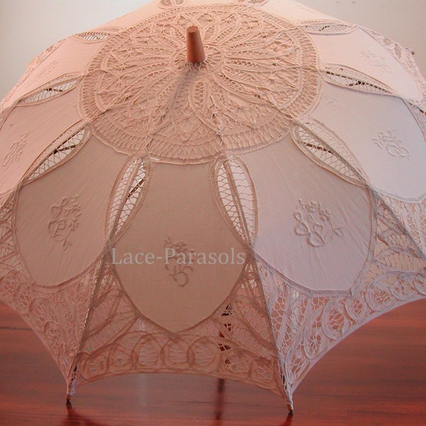 Vintage Ecru (tan) Embroidered Parasol w/Battenburg Lace Wedding Parasol Garden Tea Party Parasol