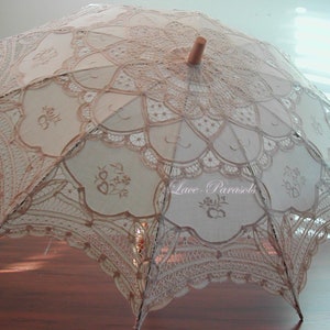 HERMAN Outdoor Wedding Lace Parasol - ECRU (soft beige)/ Straignt wooden Handle / Battenburg Lace | Embroidery