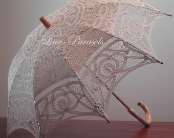 ECRU (Beige) Lace Parasol / Hooked Handle / Battenburg Lace