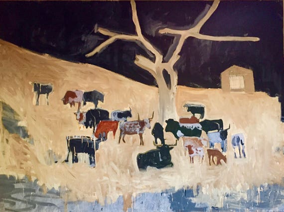 Primitive Painting Longhorn Herd With Pole Barn Nocturne Etsy