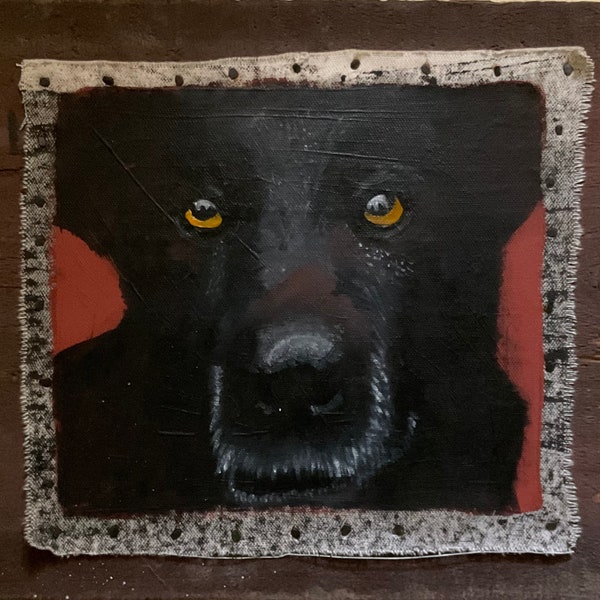 Old Dog Painting on Canvas tacked to Antique Barn-wood