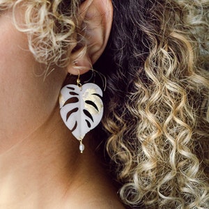 White Monstera Leaf Earrings, Statement Earrings, Floral, Bohemian Earrings, Tropical Leaves, Bridal Earrings image 1