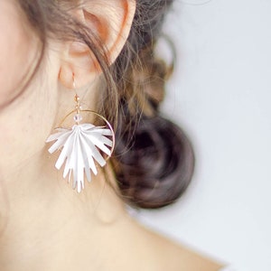 Boho Earrings, Modern Bohemian Earrings, Palm Leaf Hoop Earrings in White, Swarovski Crystals