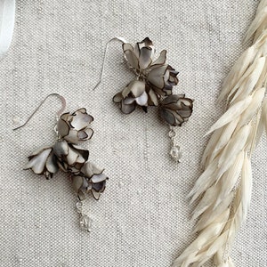 Shades of Grey Floral Drop Earrings - Sterling Silver Hooks, Flower Earrings, Bride Earrings, Silk Flower Earrings, Silk Floral