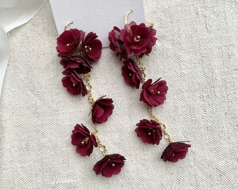 Flower earrings, Statement Earrings, Berry Red Floral Drop Earrings, Floral Earrings, Bride Earrings, Silk Flower Earrings, Silk Floral