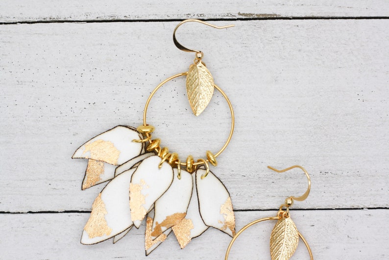 Leaf Earrings Hoop Earrings Boho Drop Earrings Peach Petals Silk Flower Earrings Gold Hoop Earrings
