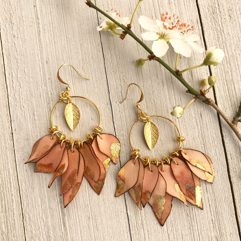 Leaf Earrings Hoop Earrings Boho Drop Earrings Peach Petals Silk Flower Earrings Gold Hoop Earrings