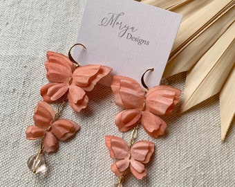 Butterfly Earrings, Peach color, Peach Earrings, Butterfly jewelry, Bridal Earrings, Silk Butterfly Earrings, Statement Earrings