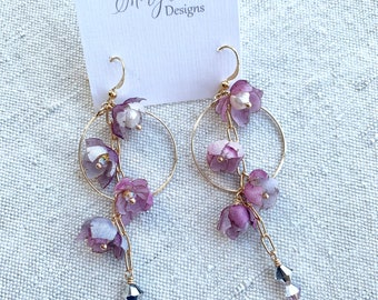 Statement Earrings, Flower Earrings, Floral earrings, gold hoops, wedding earrings, bridal, Silk, Freshwater Pearls and Swarovski Crystals