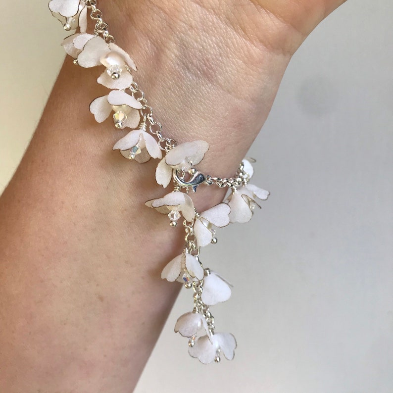 Bracelet, Bridal Bracelet, wedding Bracelet, Wedding set, Bridal Set, Flower Bracelet, Adjustable Chain, silver, pearl, crystal, silk image 5