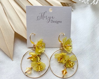 Flower earrings, Floral earrings, Yellow Floral Hoops, Gold Hoop Earrings, Statement Earrings, Silk Flower Earrings, Summer Jewelry