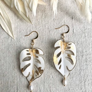 White Monstera Leaf Earrings, Statement Earrings, Floral, Bohemian Earrings, Tropical Leaves, Bridal Earrings image 2