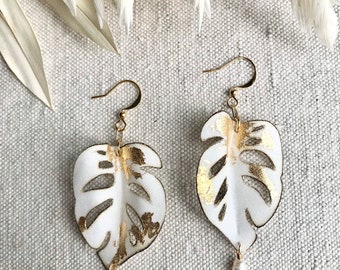 Monstera Leaf Earrings, Statement Earrings, Floral, Bohemian Earrings, Tropical Leaves, Bridal Earrings, White, Gold