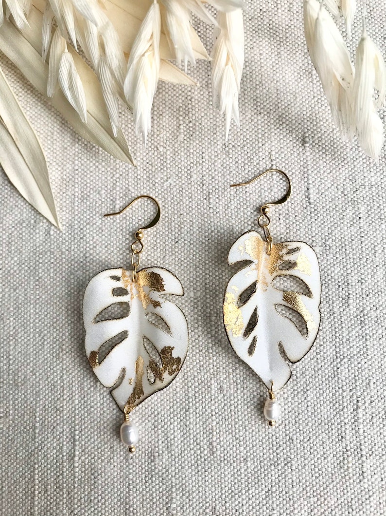 White Monstera Leaf Earrings, Statement Earrings, Floral, Bohemian Earrings, Tropical Leaves, Bridal Earrings image 2