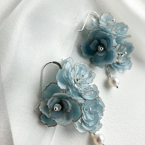 Flower Earrings, Peony Earrings, Bridesmaid,  Wedding, something blue, Statement earrings, Pearl Earrings, Silver or Gold