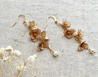 Earrings , Flower earrings, spring jewelry - 18K Gold Plated Hooks, Floral Earrings, Bridal Earrings, Silk Flower Earrings, Silk Floral