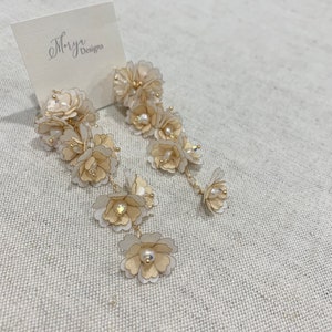 Flower Earrings, Bridal jewelry, wedding earrings, bridal earrings, white and champagne flowers, silk, Swarovski, 18 gold, pearls image 1