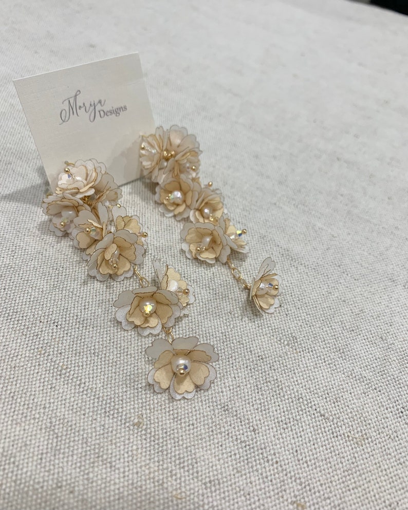 Flower Earrings, Bridal jewelry, wedding earrings, bridal earrings, white and champagne flowers, silk, Swarovski, 18 gold, pearls image 1