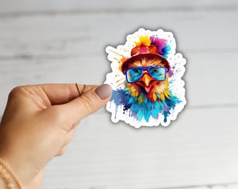 Watercolor Chicken Sticker, Hen with Hat, Waterproof Vinyl