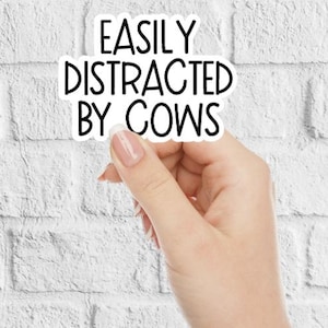 May include: A white sticker with black text that reads "EASILY DISTRACTED BY COWS".