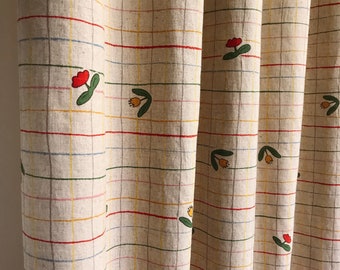 Multi-Color Stripes Tulips Pattern Washed Linen Cotton Curtain Natural Beige Background Drapery Panel 53 Width Various Lengths Custom Drapes
