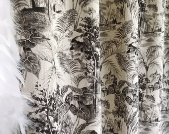 Modern Vintage Deep Black Brown Forest Pattern Washed Cotton Curtain Natural Beige Background Drapery 53 Width Various Lengths Custom Drapes