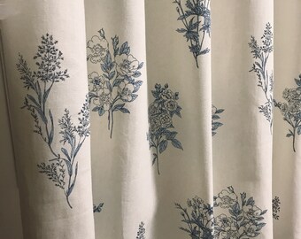 Modern Vintage Blue Floral Pattern Linen Cotton Curtain Ivory Background Drapery Panel 53 Width Various Lengths Custom Drapes
