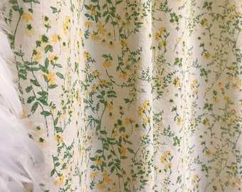 Modern Vintage Yellow Green Floral Pattern Washed Cotton Curtain Natural Beige Background Drapery Panel 53Width Various Length Custom Drapes