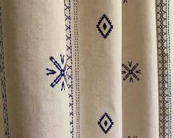Modern Vintage Indigo Blue Shapes Pattern Washed Linen Cotton Curtain Natural Beige Background Custom Drapery 53 Width Various Length