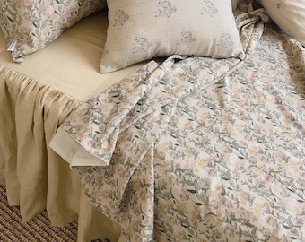 Modern Vintage Light Orange Plum Pink Floral Pattern Washed Linen Cotton Natural Beige Background Duvet Cover Twin Queen Full King CalKing