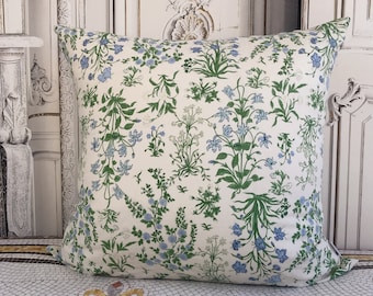 Modern Vintage Light Sky Blue Floral Pattern Cushion Cover with Pale Green Beige Background Decorative Square Pillow Case 18 20 26 in