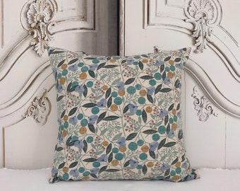 Modern Vintage Teal Cherry Blossom Pattern Washed Linen Cotton Beige Background Decorative Square Cushion Cover Pillow Case 18 20 26 in