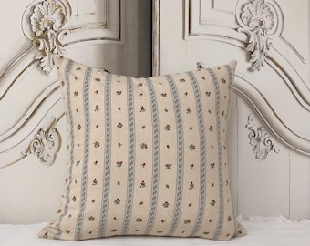 Modern Vintage Gray Blue Vertical Stripes Tiny Floral Pattern Washed Linen Cotton Decorative Square Cushion Cover Pillow Case 18 20 26 in