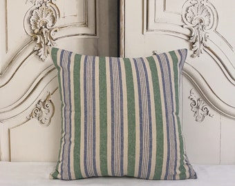 Modern Vintage Faded Forest Green Blue Natural Beige Vertical Striped Cushion Cover Decorative Square Pillow Case 18 20 26 in
