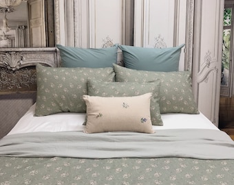 Modern Vintage Natural Beige Floral Pattern Washed Linen Cotton Sage Green Background Duvet Cover Twin Queen Full King CalKing Various Sizes