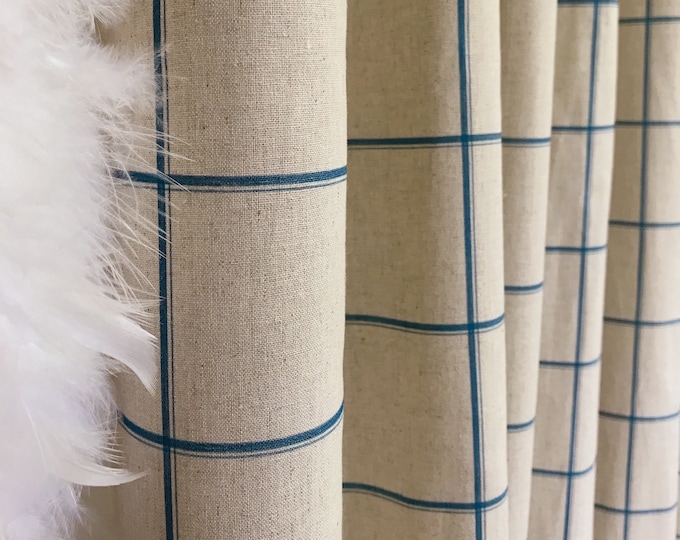 Modern Vintage Blue Check Plaid Pattern Washed Linen Cotton Curtain ...