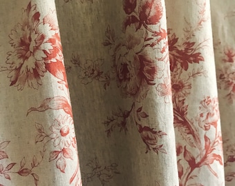 Modern Vintage Red Floral Pattern Bio Washed Linen Cotton Curtain Raw Natural Linen Background Drapery Panel 53 Width Various Custom Lengths