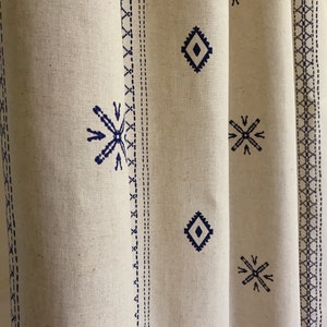 Modern Vintage Indigo Blue Shapes Pattern Washed Linen Cotton Curtain Natural Beige Background Custom Drapery 53 Width Various Length